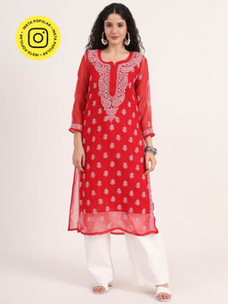 The Chikan Label - Red Women Embroidered Georgette Chikankari Kurta with Inner