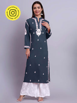 The Chikan Label - Womens Rayon Authentic Chikankari Hand-Embroidered Kurta - Teal