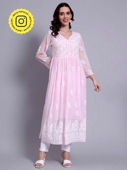 The Chikan Label - Women Georgette Authentic Chikankari A-Line Kurta With Inner - Baby Pink