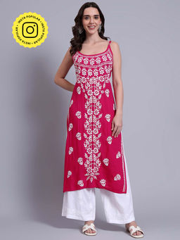 The Chikan Label - Womens Modal Authentic Chikankari Sleeveless Kurta - Hot Pink