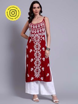 The Chikan Label - Womens Modal Authentic Chikankari Sleeveless Kurta - Maroon