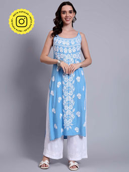The Chikan Label - Womens Modal Authentic Chikankari Sleeveless Kurta - Powder Blue