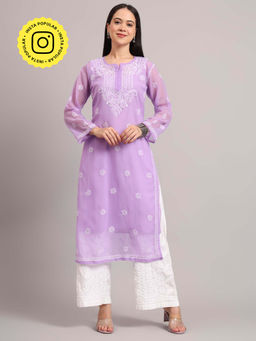 The Chikan Label - Womens Georgette Authentic Chikankari Straight Kurta With Inner - Lavender