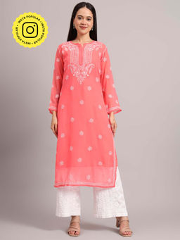 The Chikan Label - Womens Georgette Authentic Chikankari Straight Kurta With Inner - Coral