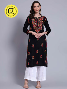 The Chikan Label - Womens Cotton Authentic Chikankari Hand-Embroidered Kurta - Black