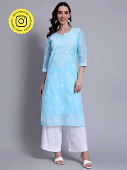 The Chikan Label - Womens Kota Cotton Authentic Chikankari Kurta - Sky Blue