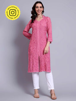 The Chikan Label - Womens Muslin Authentic Chikankari Hand-Embroidered Kurta - Pink