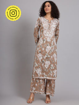 The Chikan Label - Brown Women's Mulmul Cotton Chikankari Co-Ord Set