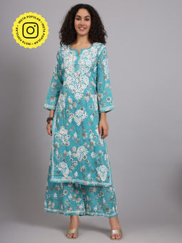 The Chikan Label - Aqua Women's Mulmul Cotton Chikankari Co-Ord Set