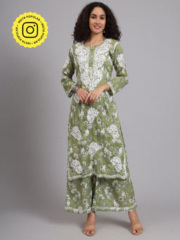 The Chikan Label - Green Women's Mulmul Cotton Chikankari Co-Ord Set
