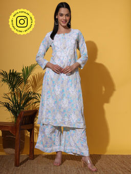 The Chikan Label - Blue Women's Mulmul Chikankari Co-Ord Set