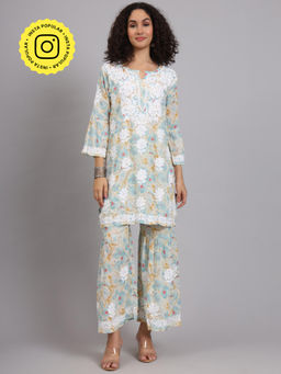 The Chikan Label - Blue Women's Mulmul Chikankari Co-Ord Set