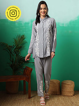 The Chikan Label - Women Grey Hand-Embroidered Chikankari Co-Ord Set