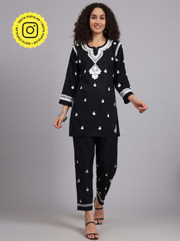The Chikan Label - Women Black Hand-Embroidered Chikankari Co-Ord Set