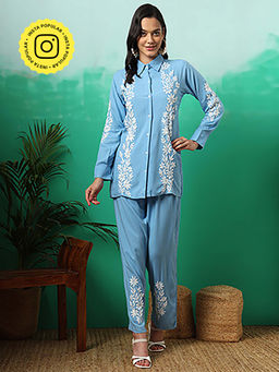 The Chikan Label - Women Powder Blue Hand-Embroidered Chikankari Co-Ord Set