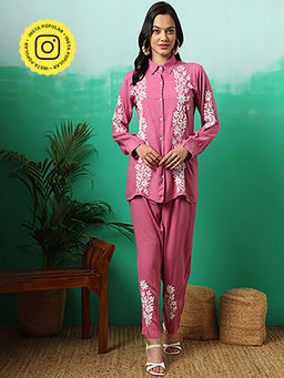 The Chikan Label - Women Pink Hand-Embroidered Chikankari Co-Ord Set