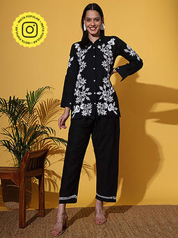 The Chikan Label - Women Black Hand-Embroidered Chikankari Co-Ord Set