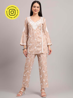 The Chikan Label - Women Beige Hand-Embroidered Chikankari Co-Ord Set