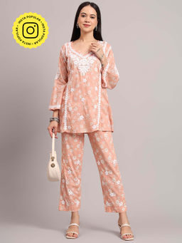 The Chikan Label - Women Peach Hand-Embroidered Chikankari Co-Ord Set