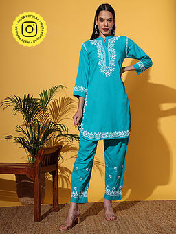The Chikan Label - Women Blue Hand-Embroidered Chikankari Co-Ord Set