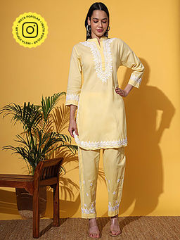 The Chikan Label - Women Yellow Hand-Embroidered Chikankari Co-Ord Set