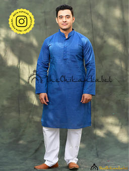 The Chikan Label - Blue Cotton Mens Kurta Lucknawi Chikankari Handmade