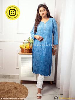 The Chikan Label - Jivika Muslin Chikankari Straight Kurti-Blue