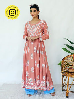 The Chikan Label - Peach Ria Modal Chikankari Anarkali Kurta