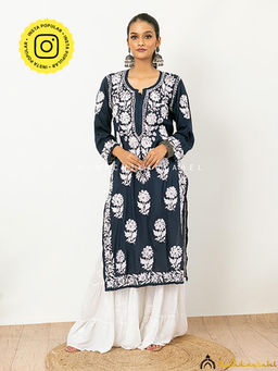 The Chikan Label - Navy Blue Duaa Modal Chikankari Straight Kurti