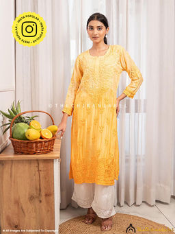 The Chikan Label - Asmeet Muslin Chikankari Straight Kurti-Yellow