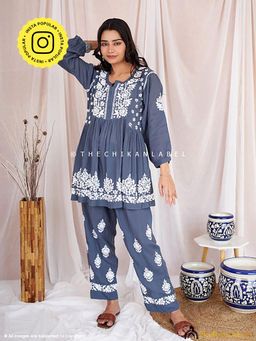 The Chikan Label - Rosa Modal Chikankari Short Kurta Set-Grey