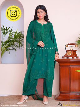 The Chikan Label - Green Liyana Viscose Chikankari Straight Kurta Set With Dupatta