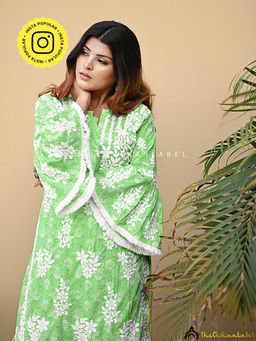 The Chikan Label - Bandhani Mulmul Cotton Chikankari Kurta Set - Green