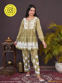 The Chikan Label - Rosa Modal Chikankari Short Kurta Set-Mehndi