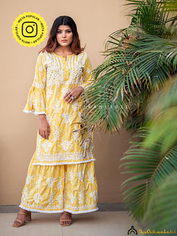 The Chikan Label - Bandhani Mulmul Cotton Chikankari Kurta Set - Yellow