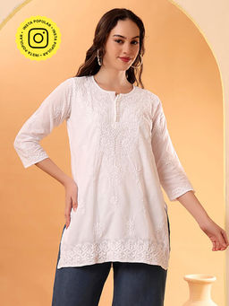 The Chikan Label - White Ira Cotton Chikankari Short Kurta