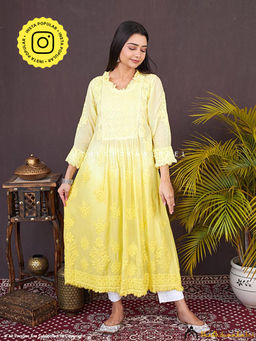 The Chikan Label - Yellow Noori Muslin Chikankari Anarkali
