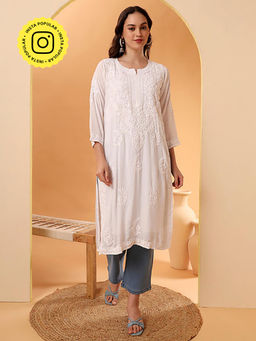 The Chikan Label - Tripti Modal Chikankari Straight Kurti - White