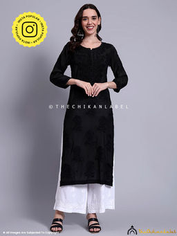 The Chikan Label - Gulaab Muslin Chikankari Straight Kurti - Black