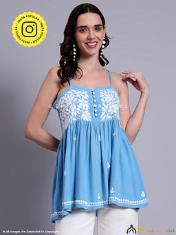The Chikan Label - Hoor Modal Chikankari Short Strappy - Powder Blue