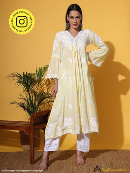 The Chikan Label - Ruhina Modal Chikankari A-Line Kurti - Yellow
