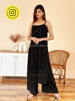 The Chikan Label - Nushrat Bharucha Sukoon Viscose Chikankari Strappy Kurta - Black