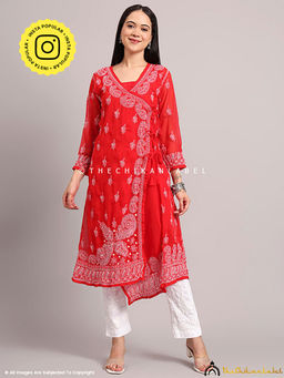 The Chikan Label - Jaanvi Georgette Chikankari Angrakha - Red