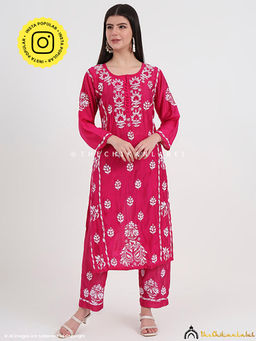 The Chikan Label - Aasia Chanderi Chikankari Kurti Palazzo Set - Hot Pink