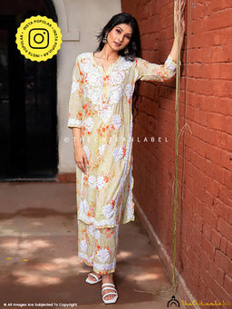 The Chikan Label - Darmiyan Mulmul Cotton Kurti Palazzo Set-Green
