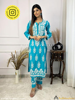 The Chikan Label - Ezna Modal Chikankari Kurta Set - Sea Green