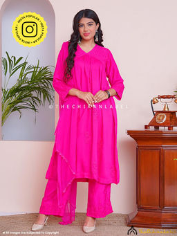 The Chikan Label - Alia Muslin Chikankari Kurta Set With Dupatta - Pink