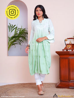 The Chikan Label - Green Zahrah Muslin Chikankari Jhalar Yok Anarkali