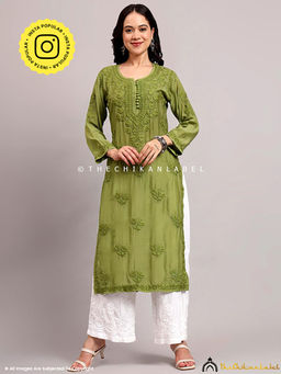 The Chikan Label - Jenika Muslin Chikankari Straight Kurti - Green
