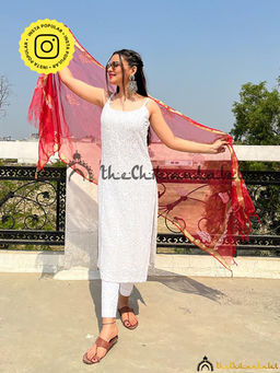 The Chikan Label - White Viscose Strappy Chikankari Kurta Lucknow Chikankari